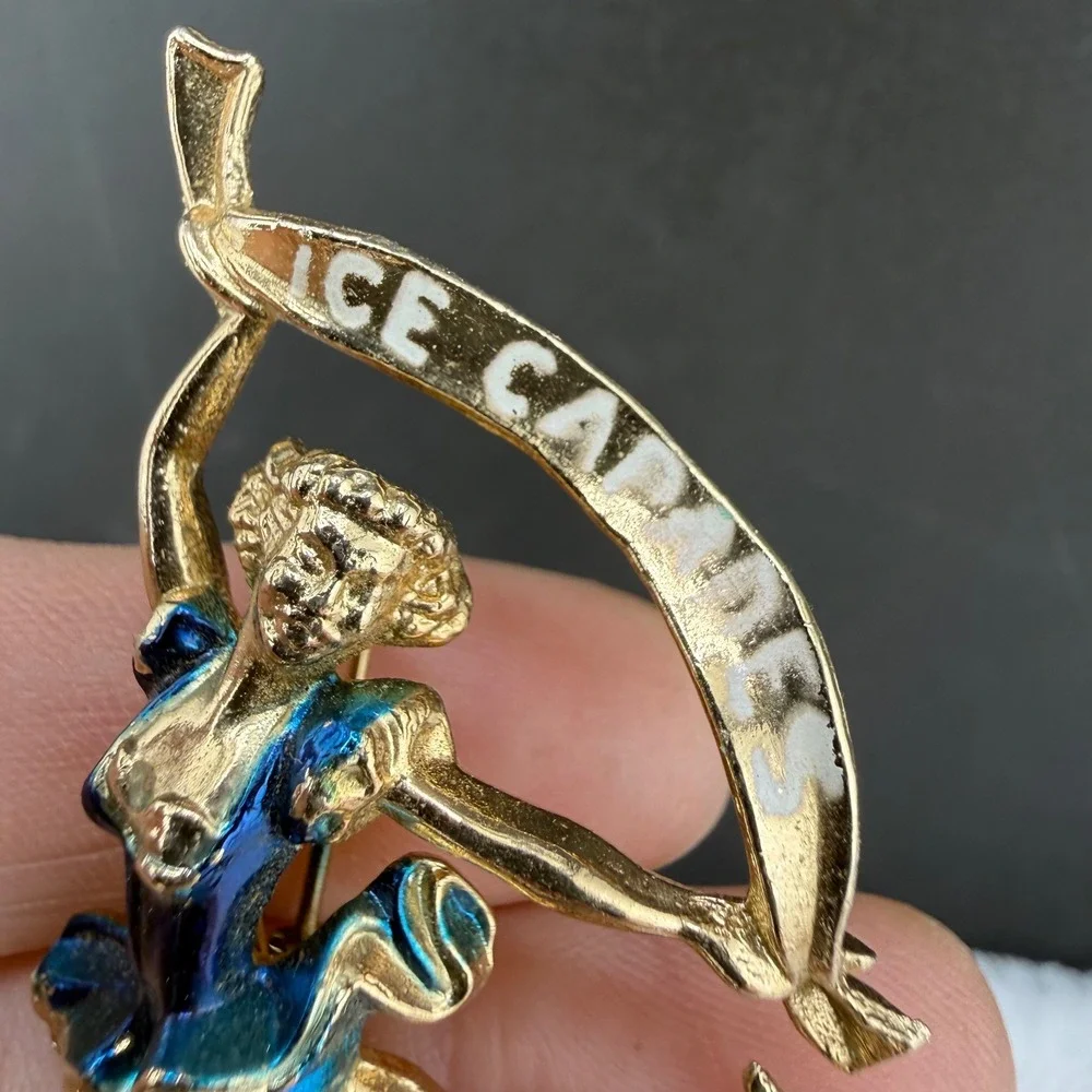 Vintage Ice Capades Brooch Gold Blue Enamel Figure Skater Banner Pin